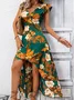 Women Plain Short Sleeve Summer Printing Dress V Neck Ruffle Sleeve Daily Vintage Maxi Tank A-Line Dress