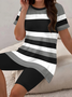 Women Striped Printing Two-Piece Set Daily Short Sleeve Casual Summer Top With Pants Matching Set