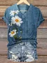 Women Floral Short Sleeve Tee T-shirt V Neck Printing Casual Summer Graphic Tee Top
