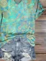 Women Floral Short Sleeve Tee T-shirt V Neck Printing Casual Summer Graphic Tee Top