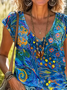 Women Abstract Short Sleeve Tee T-shirt V Neck Printing Casual Summer Graphic Tee Top