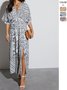 Women Floral Short Sleeve Summer Printing Dress V Neck Daily Vintage Maxi Tank A-Line Dress