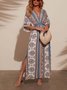 Women Floral Short Sleeve Summer Printing Dress V Neck Daily Vintage Maxi Tank A-Line Dress
