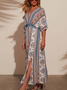 Women Floral Short Sleeve Summer Printing Dress V Neck Daily Vintage Maxi Tank A-Line Dress