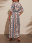 Women Floral Short Sleeve Summer Printing Dress V Neck Daily Vintage Maxi Tank A-Line Dress
