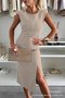 Women Plain Short Sleeve Summer Split Joint Dress Crew Neck Daily Casual Midi Tank A-Line Dress