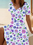 Women Floral Short Sleeve Summer Printing Dress V Neck Daily Casual Midi Fit & Flare Dress A-Line Dress