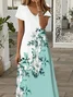 Women Floral Short Sleeve Summer Printing Dress V Neck Daily Casual Maxi X-Line Dress