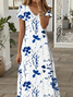 Women Floral Short Sleeve Summer Printing Dress V Neck Daily Casual Maxi X-Line Dress