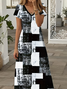 Women Abstract Plaid Short Sleeve Summer Printing Dress V Neck Daily Casual Maxi X-Line Dress