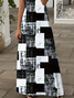 Women Abstract Plaid Short Sleeve Summer Printing Dress V Neck Daily Casual Maxi X-Line Dress