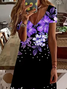 Women Floral Short Sleeve Summer Printing Dress V Neck Daily Casual Midi Fit & Flare Dress A-Line Dress
