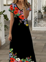 Women Floral Short Sleeve Summer Printing Dress V Neck Daily Casual Maxi X-Line Dress