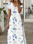 Women Floral Short Sleeve Summer Printing Dress V Neck Daily Casual Maxi X-Line Dress