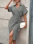 Women Geometric Short Sleeve Summer Printing Dress V Neck Daily Vintage Midi Tank A-Line Dress
