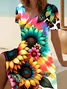 Women Floral Short Sleeve Summer Printing Dress V Neck Daily Casual Midi Fit & Flare Dress A-Line Dress