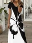 Women Butterfly Short Sleeve Summer Printing Dress V Neck Daily Casual Maxi X-Line Dress