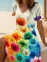 Women Floral Short Sleeve Summer Printing Dress V Neck Daily Casual Midi Fit & Flare Dress A-Line Dress