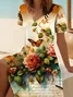 Women Floral Short Sleeve Summer Printing Dress V Neck Daily Casual Midi Fit & Flare Dress A-Line Dress