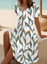 Women Leaf Short Sleeve Summer Printing Dress V Neck Daily Casual Midi Fit & Flare Dress A-Line Dress
