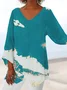 Women Geometric Three Quarter Sleeve Tee T-shirt V Neck Printing Casual Spring/Fall Top