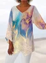 Women Geometric Three Quarter Sleeve Tee T-shirt V Neck Printing Casual Spring/Fall Top
