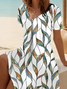 Women Leaf Short Sleeve Summer Printing Dress V Neck Daily Casual Midi Fit & Flare Dress A-Line Dress