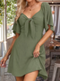 Women Plain Short Sleeve Summer Split Joint Dress V Neck Dolman Sleeve Daily Vintage Midi Ruffle Skirt A-Line Dress