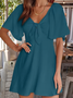 Women Plain Short Sleeve Summer Split Joint Dress V Neck Dolman Sleeve Daily Vintage Midi Ruffle Skirt A-Line Dress
