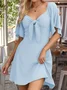 Women Plain Short Sleeve Summer Split Joint Dress V Neck Dolman Sleeve Daily Vintage Midi Ruffle Skirt A-Line Dress