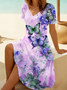 Women Floral Short Sleeve Summer Printing Dress V Neck Daily Casual Midi Fit & Flare Dress A-Line Dress