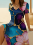 Women Floral Short Sleeve Summer Printing Dress V Neck Daily Casual Midi Fit & Flare Dress A-Line Dress