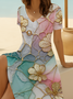 Women Floral Short Sleeve Summer Printing Dress V Neck Daily Casual Midi Fit & Flare Dress A-Line Dress