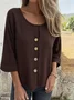 Women Plain Three Quarter Sleeve Shirt Spring/Fall Split Joint Crew Neck Daily Casual Top