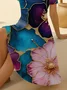 Women Floral Short Sleeve Summer Printing Dress V Neck Daily Casual Midi Fit & Flare Dress A-Line Dress