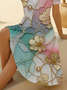 Women Floral Short Sleeve Summer Printing Dress V Neck Daily Casual Midi Fit & Flare Dress A-Line Dress