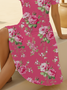 Women Floral Short Sleeve Summer Printing Dress V Neck Daily Casual Midi Fit & Flare Dress A-Line Dress