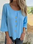 Women Plain Three Quarter Sleeve Shirt Spring/Fall Split Joint Crew Neck Daily Casual Top