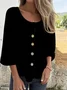 Women Plain Three Quarter Sleeve Shirt Spring/Fall Split Joint Crew Neck Daily Casual Top