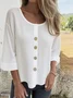 Women Plain Three Quarter Sleeve Shirt Spring/Fall Split Joint Crew Neck Daily Casual Top