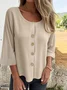 Women Plain Three Quarter Sleeve Shirt Spring/Fall Split Joint Crew Neck Daily Casual Top