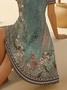 Women Floral Short Sleeve Summer Printing Dress V Neck Daily Casual Midi Fit & Flare Dress A-Line Dress