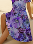 Women Floral Short Sleeve Summer Printing Dress V Neck Daily Casual Midi Fit & Flare Dress A-Line Dress