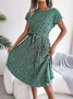Women Floral Short Sleeve Summer Printing Dress Crew Neck Daily Vintage Midi Tank A-Line Dress