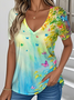 Women Floral Short Sleeve Tee T-shirt V Neck Casual Summer Top