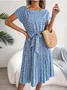 Women Floral Short Sleeve Summer Printing Dress Crew Neck Daily Vintage Midi Tank A-Line Dress
