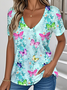 Women Floral Short Sleeve Tee T-shirt V Neck Casual Summer Top