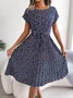 Women Floral Short Sleeve Summer Printing Dress Crew Neck Daily Vintage Midi Tank A-Line Dress