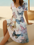 Women Butterfly Short Sleeve Summer Printing Dress V Neck Daily Casual Midi Fit & Flare Dress A-Line Dress