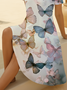 Women Butterfly Short Sleeve Summer Printing Dress V Neck Daily Casual Midi Fit & Flare Dress A-Line Dress